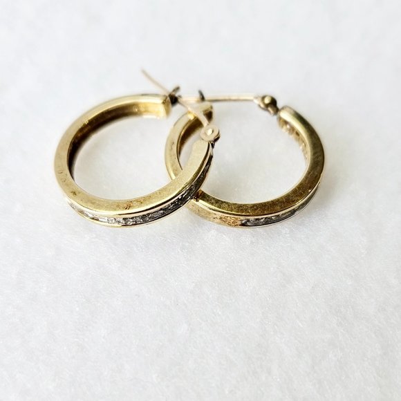 14K Yellow Gold .25 Ct Diamond Hoop Earrings - Picture 1 of 3